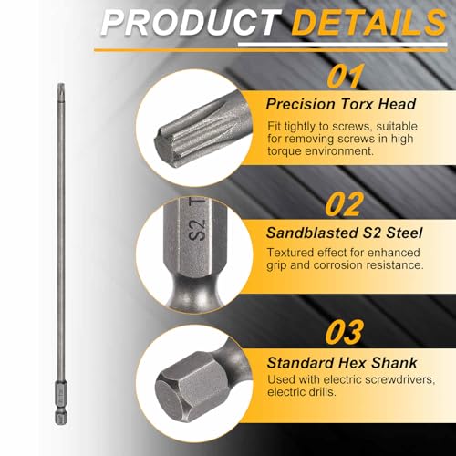 HARFINGTON 10pcs T20 Torx Head Screwdriver Bit 1/4" Hex Shank 7.87" (200mm) Long Magnetic No Hole Tip Tamper Proof 6 Point Star Screw Driver Drill Bits S2 Steel Industrial Power Screwdrivers - size: T20 x 7.87"