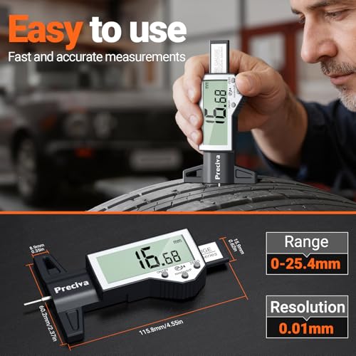 Preciva Tire Tread Depth Gauge & Brake Lining Gauge Set, Digital Tire Depth Gauge with Large LCD Display and Inches, Millimeters, Fraction Conversion, for Tread Depth, Brake Shoe and Pad Wear - color: Silver
