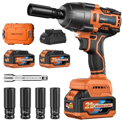Protmex Cordless Impact Wrench, 900Ft-lbs (1200N.m) 1/2" Brushless Impact Gun, 21V High Torque Power Impact Driver, 2x4.0Ah Batteries Electric Impact Motor Variable Speeds for Car/Pickup Truck/Mower - color: Deep Orange