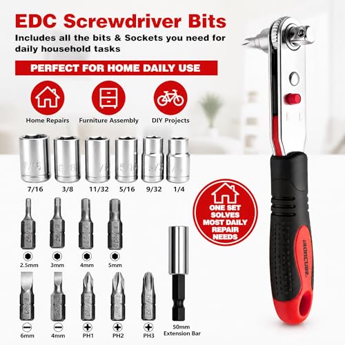 IRONCUBE Angle Ratchet Screwdriver Set: 16 Piece Magnetic Bit & SAE Socket with 90 degree Mini Offset Low Profile Reversible Drive Handle - style: 16-in-1 Bits & Sockets