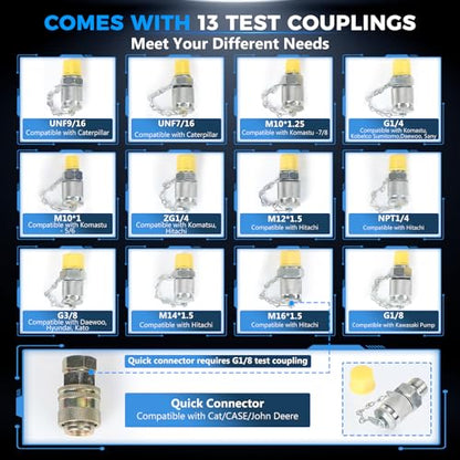 Hydraulic Pressure Test Kit with 5 Gauges up to 10000 PSI 10–600 Bar, 13 Couplings 14 Tee Connectors and 5 Hoses, Hydraulic Tester for Excavators Loaders and Construction Equipment