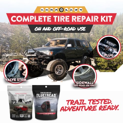GlueTread Complete Off-Road Tire Repair Kit - Fix Sidewall Damage and Punctures - Includes Heavy Duty Tire Patch Kit, Plugs & Colby Emergency Valve Stem - Enhanced Rubber Formula, Fast Setting