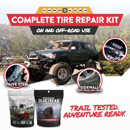 GlueTread Complete Off-Road Tire Repair Kit - Fix Sidewall Damage and Punctures - Includes Heavy Duty Tire Patch Kit, Plugs & Colby Emergency Valve Stem - Enhanced Rubber Formula, Fast Setting