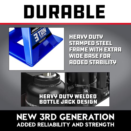 POWERBUILT 3 Ton All-in-One Hydraulic Bottle Jack and Jackstand in One, Compact, Wide Base, 11-21 Inch Range, Eliminates Jackstands, for Trucks, SUVs, RVs, Trailers, ASME, Not for Sedans - 640912 - color: blue