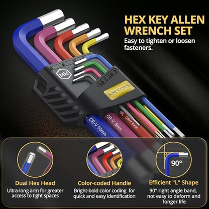 AMTOVL Hex Key Set, 9PCS Metric Allen Key Set, 1.5-10MM, Anti-Slip Long Hex End Hex Wrench Set, Color Coding Hex Key Set for Vehicle, and Bicycle Repairs - size: 9 PCS HEX SET