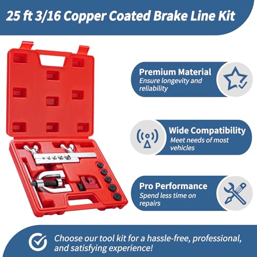 25 ft 3/16" Copper Coated Brake Line Kit 16 Brake Line Fittings and 4 Unions Brake Line Fittings Double & Single Flaring Tool Kit Brake line Bender