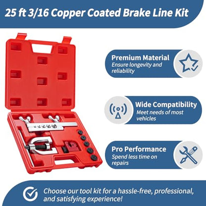 25 ft 3/16" Copper Coated Brake Line Kit 16 Brake Line Fittings and 4 Unions Brake Line Fittings Double & Single Flaring Tool Kit Brake line Bender