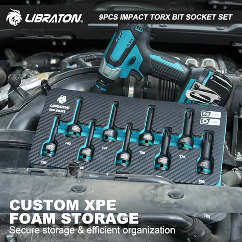 LIBRATON Impact Torx Bit Socket Set, 1/2" Drive, S2 Steel, 9PCS Impact Star Bit Socket Set (T30-T80), High Impact Torx Sockets, XPE Storage, Professional Mechanic and Automotive Repair - style: 9PCS Torx