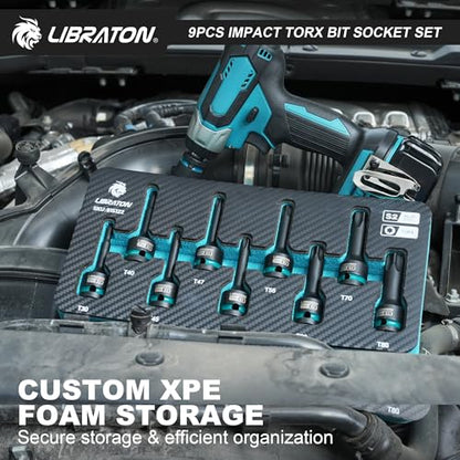 LIBRATON Impact Torx Bit Socket Set, 1/2" Drive, S2 Steel, 9PCS Impact Star Bit Socket Set (T30-T80), High Impact Torx Sockets, XPE Storage, Professional Mechanic and Automotive Repair - style: 9PCS Torx