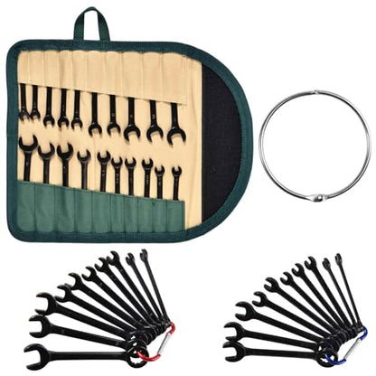 20PCS Mini Wrench Set Standard Metric and SAE 4mm-11mm & 5/32"-7/16" Open End and Box End Combination Wrench Set Super with Storage Roll Pouch and Key Rings, Black Electrophoretic Coating - size: SAE&Metric Set B