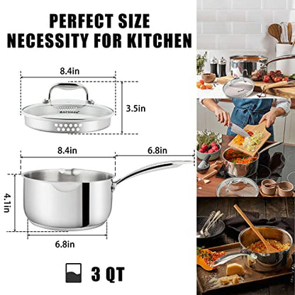 Rorence 3-Quart Saucepan with Lid: Pour and Strain Stainless Steel Sauce Pan with Pour Spouts, Capsule Bottom & Tempered Glass Lid - size: 3 Quart