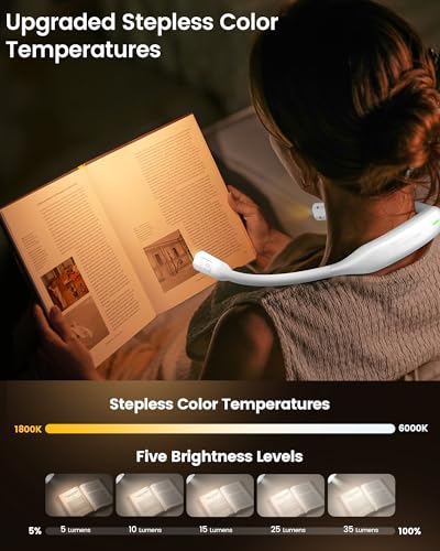 Glocusent Lightweight Neck Light for Reading in Bed, 1200mAh Rechargeable Book Light, Hands-Free Reading Light, 5 Colors, 5 Brightness Adjustable, Private Bedtime Reading for Book Lover - color: White