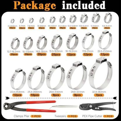 560PCS 22-Sizes Stepless Single Ear Hose Clamp Kit with Pliers & Cutter, 5.3-36.1mm (1/4"-1-3/8") 304 Stainless Steel Anti-Corrosion Clamps for Automotive Fuel Line,CV Boot,HVAC,Radiator & PEX - size: 560PCS