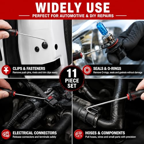 11-Piece Automotive Hook and Pick Set – Precision Pick Tool Kit with Magnetic Pickup Tool, Trim Remover & Storage Pouch for O-Rings, Seals, Hoses, Clips and Auto Repair