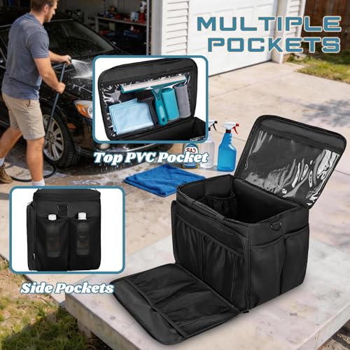 Large Car Detailing Organizer with Hard Pad Support, Car Detailing Bag with Multiple Pockets, Cleaning Bags for Housekeepers, Cleaning Supply Bag, Black
