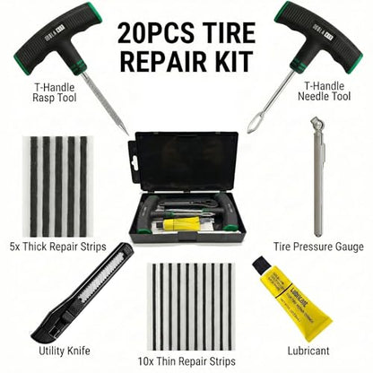 20PCS Tire Repair Kit – Flat Tire Plug Kit includes Ergonomic T-Handle Tools with Rubber Covered Grip, 2 Sizes Tire Repair strips, Knife, Tire Pressure Gauge & Lubricant – Car, SUV, Motorcycle, ATV
