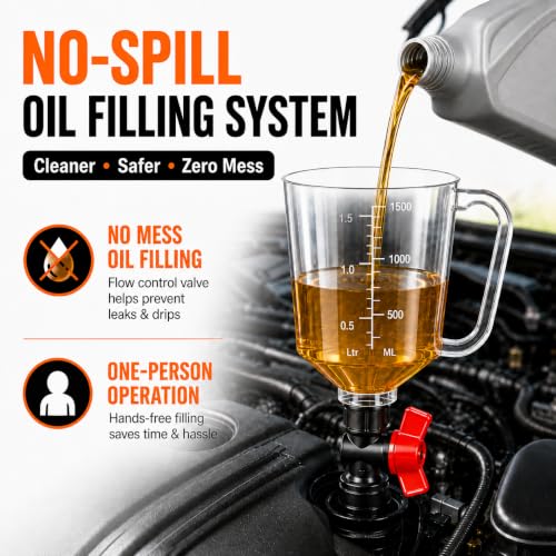 20-Piece No-Spill Engine Oil Funnel Kit with Brake Bleeder Hose and Mechanic Work Glove, 1.59QT/1.5L Set with 12 Adapters for Most Vehicles