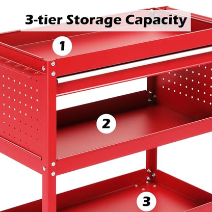 Winado 3 Tier Steel Utility Tool Cart with Drawer & Pegboard, Red | 330 lbs Capacity Rolling Service Cart with Lockable Wheels, Heavy Duty Garage Workshop Tool Storage for Warehouse, Factory