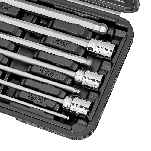 CARBYNE 7-Piece Extra Long Ball End Hex (Allen) Bit Socket Set, SAE 1/8 in. to 3/8 in., 3/8 in. Drive, S2 Steel, CrV Sockets, Zinc Phosphate Bit Finish, 6.1 in. Length, Durable Case - style: SAE, Ball-End