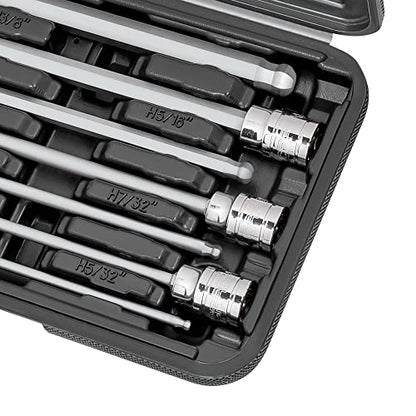 CARBYNE 7-Piece Extra Long Ball End Hex (Allen) Bit Socket Set, SAE 1/8 in. to 3/8 in., 3/8 in. Drive, S2 Steel, CrV Sockets, Zinc Phosphate Bit Finish, 6.1 in. Length, Durable Case - style: SAE, Ball-End