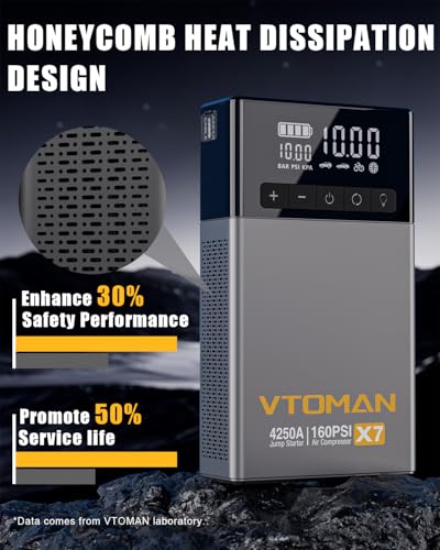 VTOMAN X7 Jump Starter with Air Compressor, 4250A&160PSI Pickup Trucks & Suvs Battery Car Jumper Starter Portable(10L Gas/10L Diesel) with Auto-Shutoff Tire Inflator, 12V Lithium Booster Box, QC3.0 - color: Gray