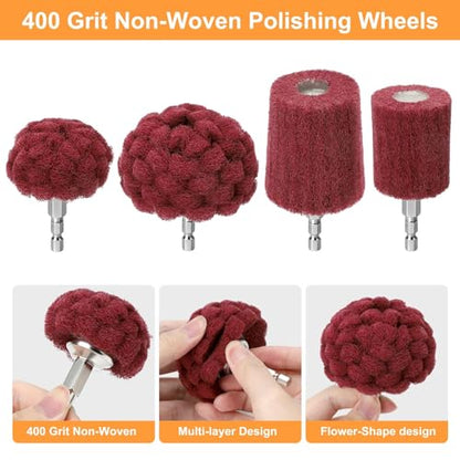Linstyle Buffing Wheels for Drill: 9PCS Non-Woven & Cotton Polishing Wheel Kit, with Extension Holder 1/4" Hex Shank Drill Attachment Rust Removal for Car Wheel Rim Headlight, Metal, Aluminum, Brass