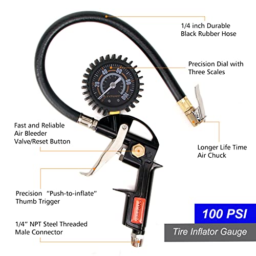 16 Pieces Heavy Duty Air Compressor Accessory Kit, 1/4 inch 25ft Recoil Poly Air Compressor Hose Kit, 100PSI Tire Inflator Gauge, Blow Gun and Nozzles, 1/4" NPT Air Coupler and Plug Kit