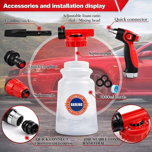 56Pcs Car Wash Cleaning Kit with Foam Gun, Car Wash Brush with Long Handle, Car Detailing Kit, Car Wheel Brush for Car Cleaning Supplies, Adjustable Hose Wash Sprayer-Quick Connector to Any Hose - size: 56PCS