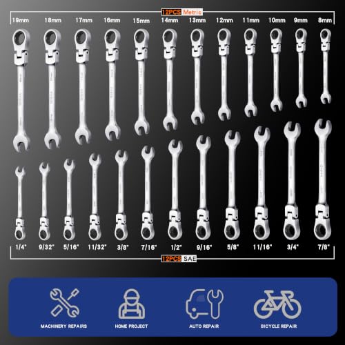 Qnkaa Flexible Ratcheting Wrench Set 24pcs Metric 8-19mm & SAE 1/4” to 7/8“ Inch Flex-Head Spanner Gear Ring Ratchet Combination Wrenches Kit with Pouches