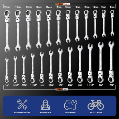 Qnkaa Flexible Ratcheting Wrench Set 24pcs Metric 8-19mm & SAE 1/4” to 7/8“ Inch Flex-Head Spanner Gear Ring Ratchet Combination Wrenches Kit with Pouches