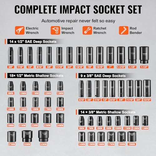 VEVOR Impact Socket Set 3/8" & 1/2" Socket Set 59PCS SAE 5/16" to 1-1/4" and Metric 6-32mm, 6 Point Cr-Mo Alloy Steel for Auto Repair, Easy-to-Read Markings, Rugged Construction, Storage Case - style: 1/2" & 3/8" 59PCS CR-MO