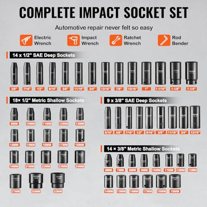 VEVOR Impact Socket Set 3/8" & 1/2" Socket Set 59PCS SAE 5/16" to 1-1/4" and Metric 6-32mm, 6 Point Cr-Mo Alloy Steel for Auto Repair, Easy-to-Read Markings, Rugged Construction, Storage Case - style: 1/2" & 3/8" 59PCS CR-MO