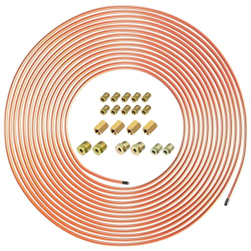 Copper Coated Brake Line 3/16 Coated Steel Brake Line Tubing Kit (3/16" x 25FT) with 16 Fittings & 4 Unions - size: 3/16 inch