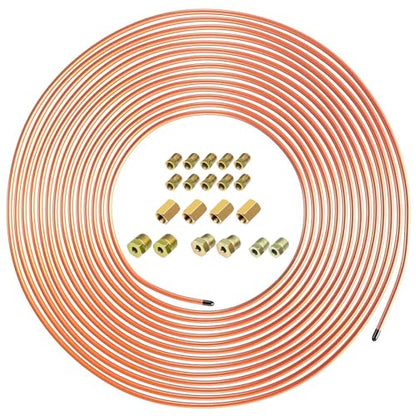 Copper Coated Brake Line 3/16 Coated Steel Brake Line Tubing Kit (3/16" x 25FT) with 16 Fittings & 4 Unions - size: 3/16 inch