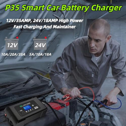 P35 12V/24V 35A Smart Car Battery Charger & Maintainer, 9 Stage Charging for Lithium,AGM,Lead-Acid,LiFePO4, with Battery Repair Function, LCD Display for Various Vehicles