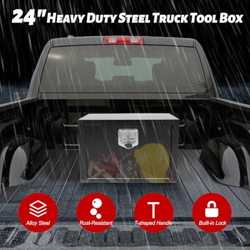 Steel Underbody Truck Tool Box ,Storage Organizer Toolbox with Key& Lock | Waterproof Tongue Box for Storage with Smooth Surface for Truck, Pickup, RV, Trailer - Black, 24" x 14" x 16" Inch - size: 24" x 14" x 16"