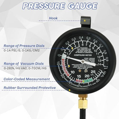 Fuel Pump and Vacuum Tester Gauge (Blue) | Vacuum and Fuel Pump Tester Gauge Kit Carburetor Pressure Fuel Pressure Tester Kit Automotive Vacuum Gauge - color: Blue