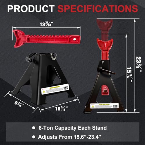 6 Ton Jack Stands (13,200Lbs) - Heavy Duty Car Jack Stands with Double Pin Locking, Adjustable 15.6"-23.4" Height, Extra Rubber Pads for Trucks, Garage, Home,DIY Use - 1 Pair Black+Red - color: Black+Red, size: 6 Ton Double Locking