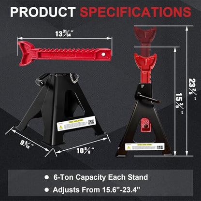 6 Ton Jack Stands (13,200Lbs) - Heavy Duty Car Jack Stands with Double Pin Locking, Adjustable 15.6"-23.4" Height, Extra Rubber Pads for Trucks, Garage, Home,DIY Use - 1 Pair Black+Red - color: Black+Red, size: 6 Ton Double Locking