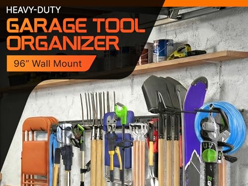 "48 Garage Tool Organizer Wall Mount - Heavy Duty 520lbs Metal Storage Rack, Easy Install Adjustable Hooks for Garden Tools Brooms - size: 48 Inch