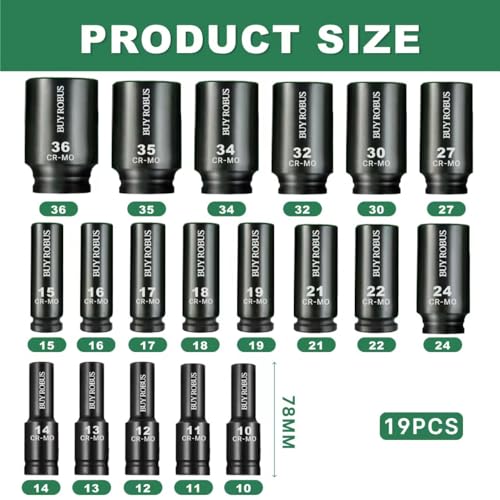 19 Pcs 1/2" Metric Impact Socket Set, Deep Sockets 10mm-36mm, 6-Point Cr-V and Alloy Steel, 1/2 Inches Drive Impact Socket Set,Rugged Construction, Enhanced Storage Case - size: 19 Pcs 1/2" Metric Socket Set
