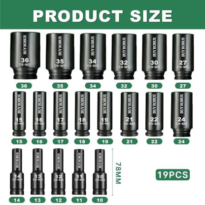 19 Pcs 1/2" Metric Impact Socket Set, Deep Sockets 10mm-36mm, 6-Point Cr-V and Alloy Steel, 1/2 Inches Drive Impact Socket Set,Rugged Construction, Enhanced Storage Case - size: 19 Pcs 1/2" Metric Socket Set