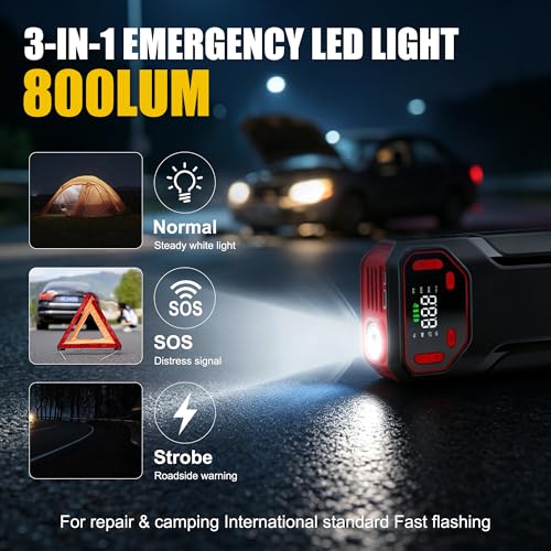 10-in-1 Jump Starter with Air Compressor,5000A Battery Jump Pack 150PSI | Jump Box((All Gas/12L Diesel) ),Spark-Proof & Reverse Polarity Protected, Portable Tire Inflator,LED Light
