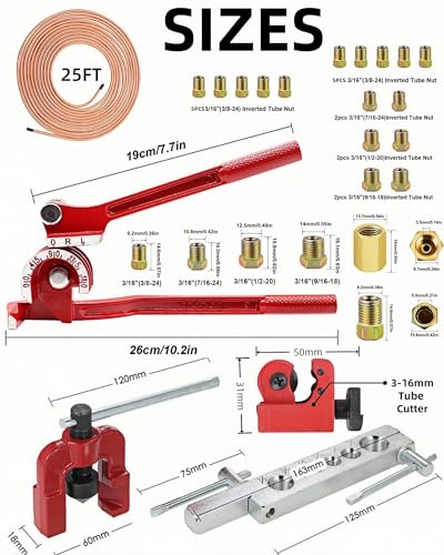 3/16 Inch 26Pcs Brake Line Bender Flaring Tool Include 25FT Zinc-Plated Copper Coated Brake Bending Lines and Single Flare Cutter Repair Kit 16 Rust-Resistant Fitting 4 Nut 2 Union, Gold - color: Gold