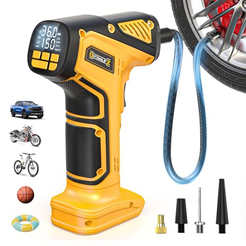 DIYtoolifz Cordless Tire Inflator Air Compressor Compatible with Dewalt 20V Battery (Tool Only), 150 PSI Portable Car Air Pump with Digital Pressure Gauge, Automatic Shut Off, LED Light - color: Yellow-compatible With Dewalt, size: 150 PSI