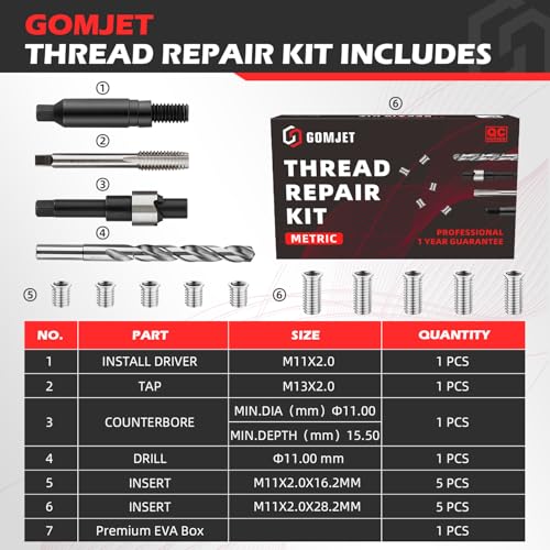 M11X2.0 Metric Thread Repair Kit, with Stainless Steel Insert M11X2.0X16.2MM Qty 5 and M11X2.0X28.2MM Qty 5 - size: M11x2.0x16.2mm&28.2mm