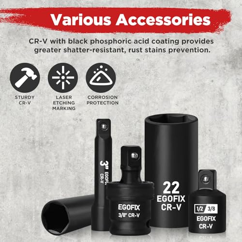 3/8" Drive Impact Socket Set, 50 Piece Standard SAE (5/16 to 3/4 inch) and Metric (8-22mm) 6 Point, with Adjustable Ratchet Handle, Extension Bars, Impact Universal Joint, Adapter, Cr-V Steel - style: 3/8-50PCS
