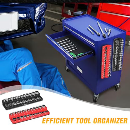 GOOACC 1/4" Magnetic Socket Organizer, 2 Pieces Socket Holder Metric SAE Socket Tray, 1/4 inch Socket Organizer Tray Holds 52 Standard Sockets for Tool Box Drawer - size: 2PCS 1/4" SAE & Metric Red Black