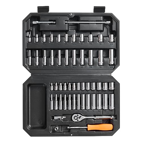 VEVOR Socket Set, 1/4 Inch Drive Socket and Ratchet Set, 6-Point Socket Opening, 54 Pieces Tool Set SAE and Metric, Deep and Standard Sockets, 5/32-9/16 in, 4-14 mm, with Accessories, Storage Case - size: 1/4", style: 54 PCS