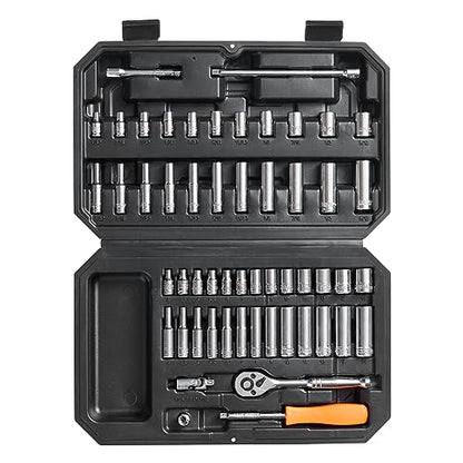 VEVOR Socket Set, 1/4 Inch Drive Socket and Ratchet Set, 6-Point Socket Opening, 54 Pieces Tool Set SAE and Metric, Deep and Standard Sockets, 5/32-9/16 in, 4-14 mm, with Accessories, Storage Case - size: 1/4", style: 54 PCS